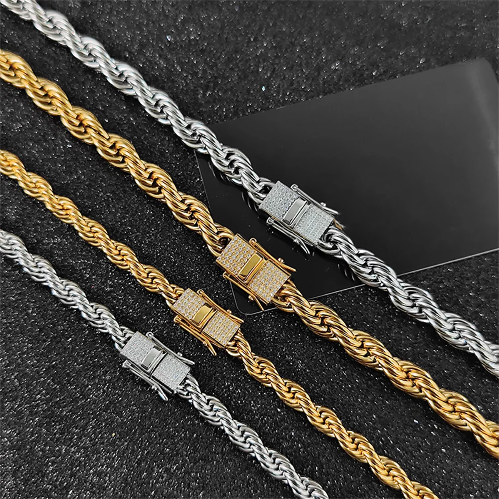 

Fashion Luxury Hip Hop Jewelry 6mm 8mm Men's Stainless Steel Rope Chain Iced Out CZ Clasp Twisted Necklace