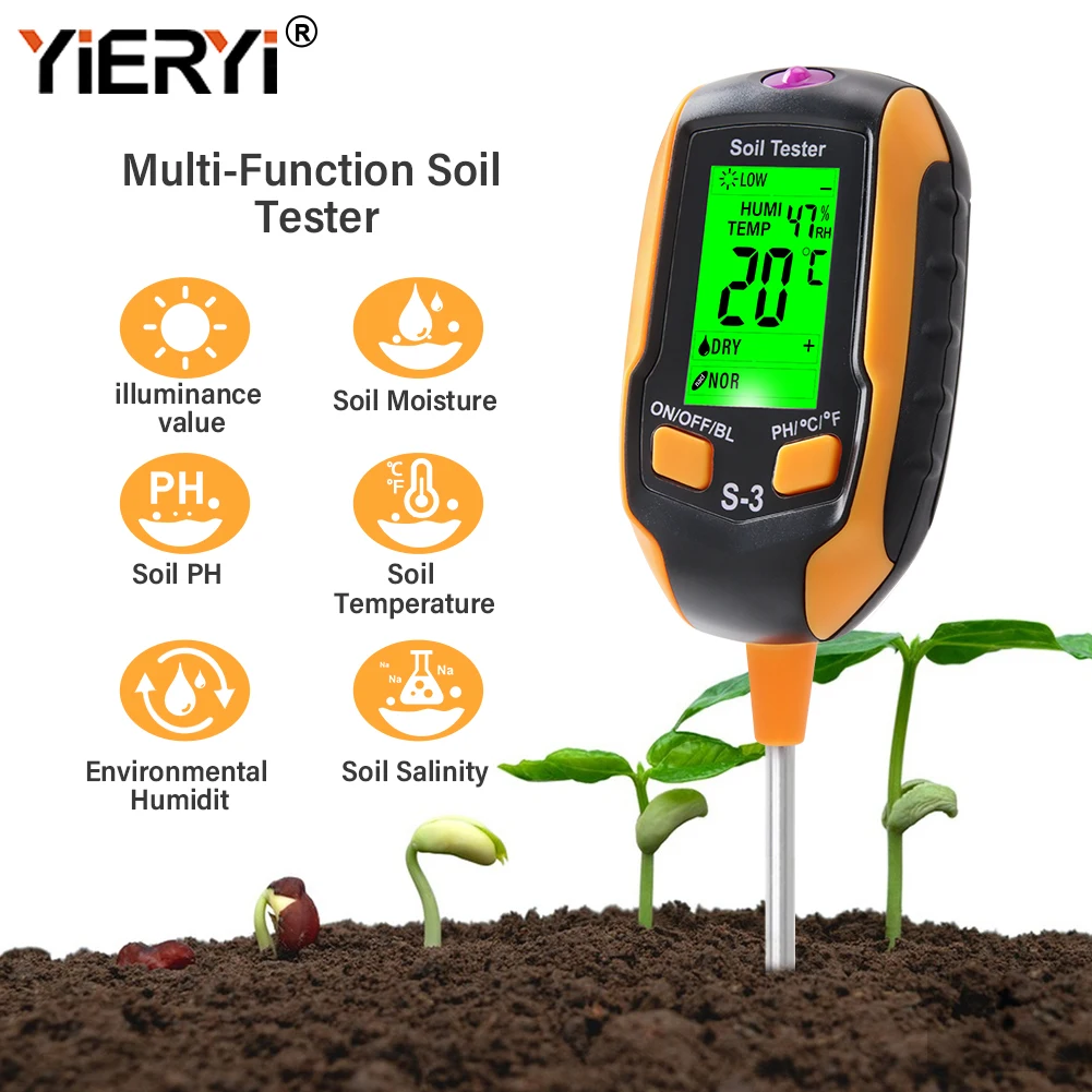 Yieryi 6 IN 1 Soil PH Meter Farm Garden Soil Humidity Salinity TEMP Tester lllumination Ambient Humidity Test Detector Monitor