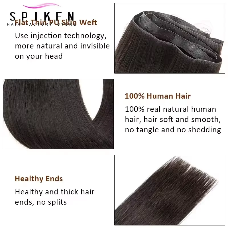 Extensions invisibles de cheveux humains de trame de peau d'unité centrale 12-22 pouces paquets de cheveux naturels d'injection mince 80-100 grammes