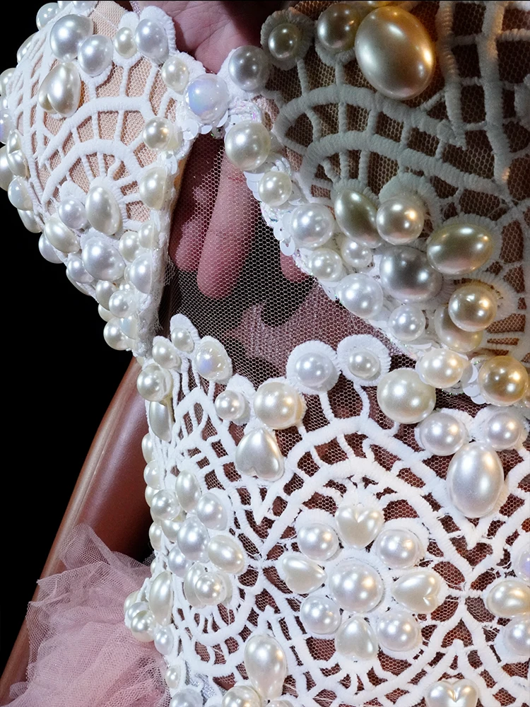 Elegant Long Dress Pearl Pink Two-Piece Sexy Evening Wedding Party Club Birthday Outfits Celebrate Stage Bar Drag Queen Costumes