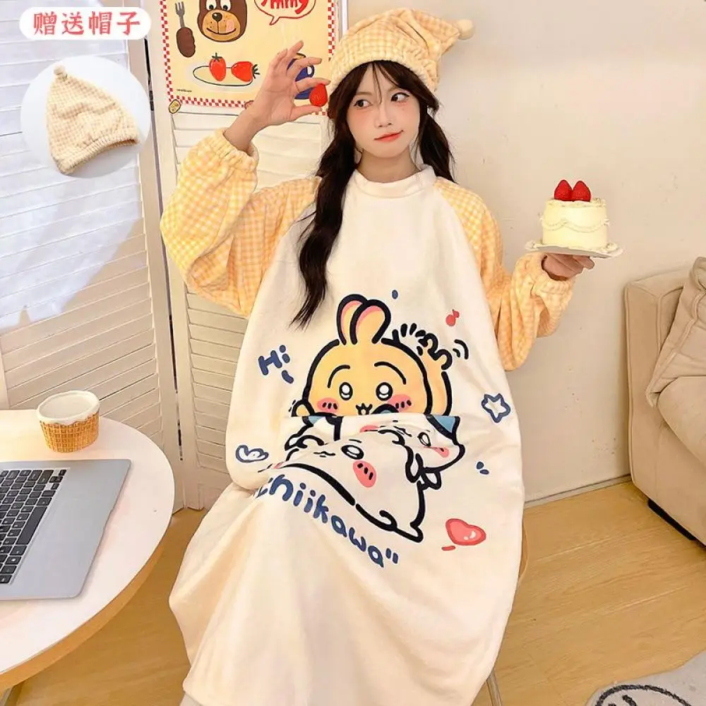 Cartoon Chiikawa Plush Night Skirt Usagi Women Coral Velvet Long Pajamas Anime Winter Flannel Thick Cute Warm Girls Homeclothes