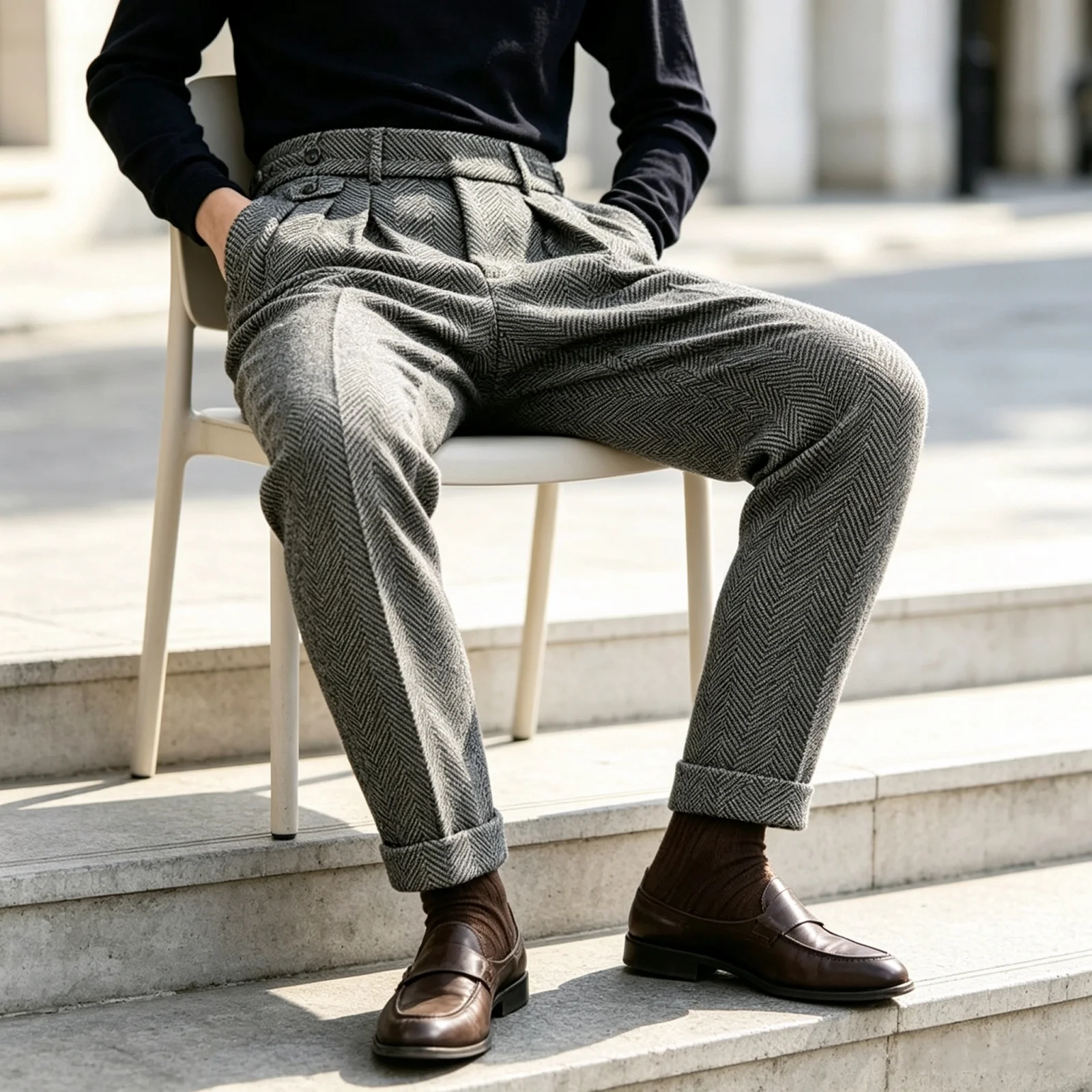 Men Herringbone Tweed Gurkha Pants High Waist Side Adjust Buckle Pleated Cuffed Trousers Vintage Business Casual Suit Pants