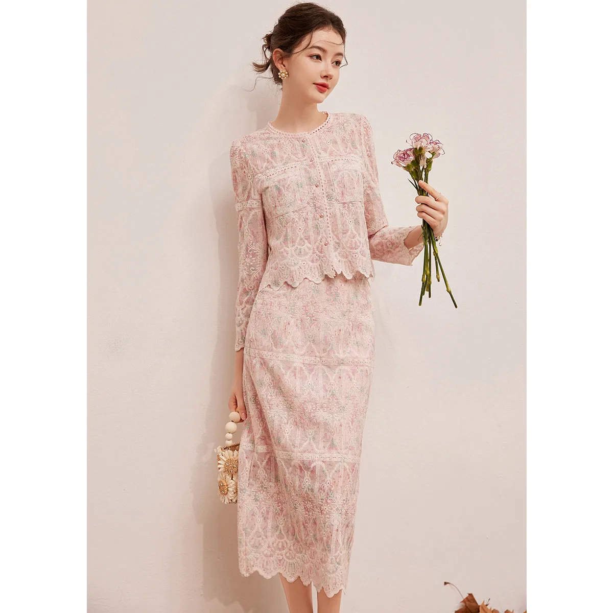 LOUIS YAO 2024 Embroidery Fabric Two-piece Set Autumn Elegant Temperament Embroidered Top and Skirt Women's Suit