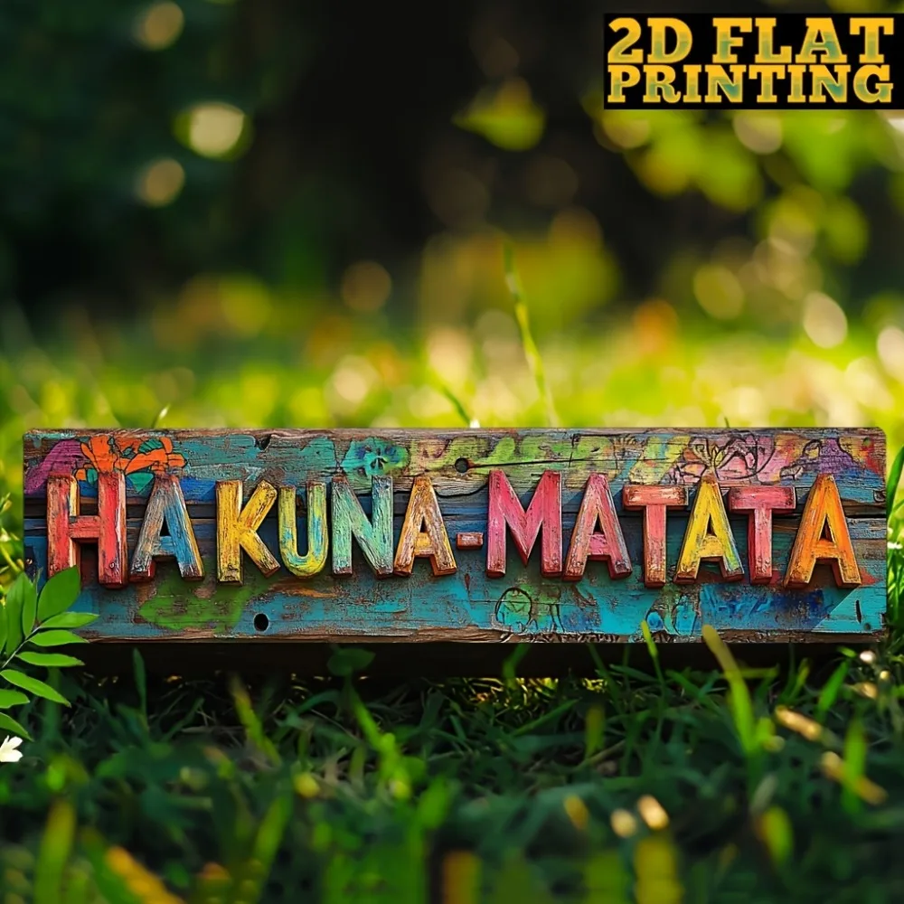 Sinal de metal vintage "Hakuna-Matata" - decoração colorida de desenho animado 4x16", arte de parede de restaurante de café doméstico
