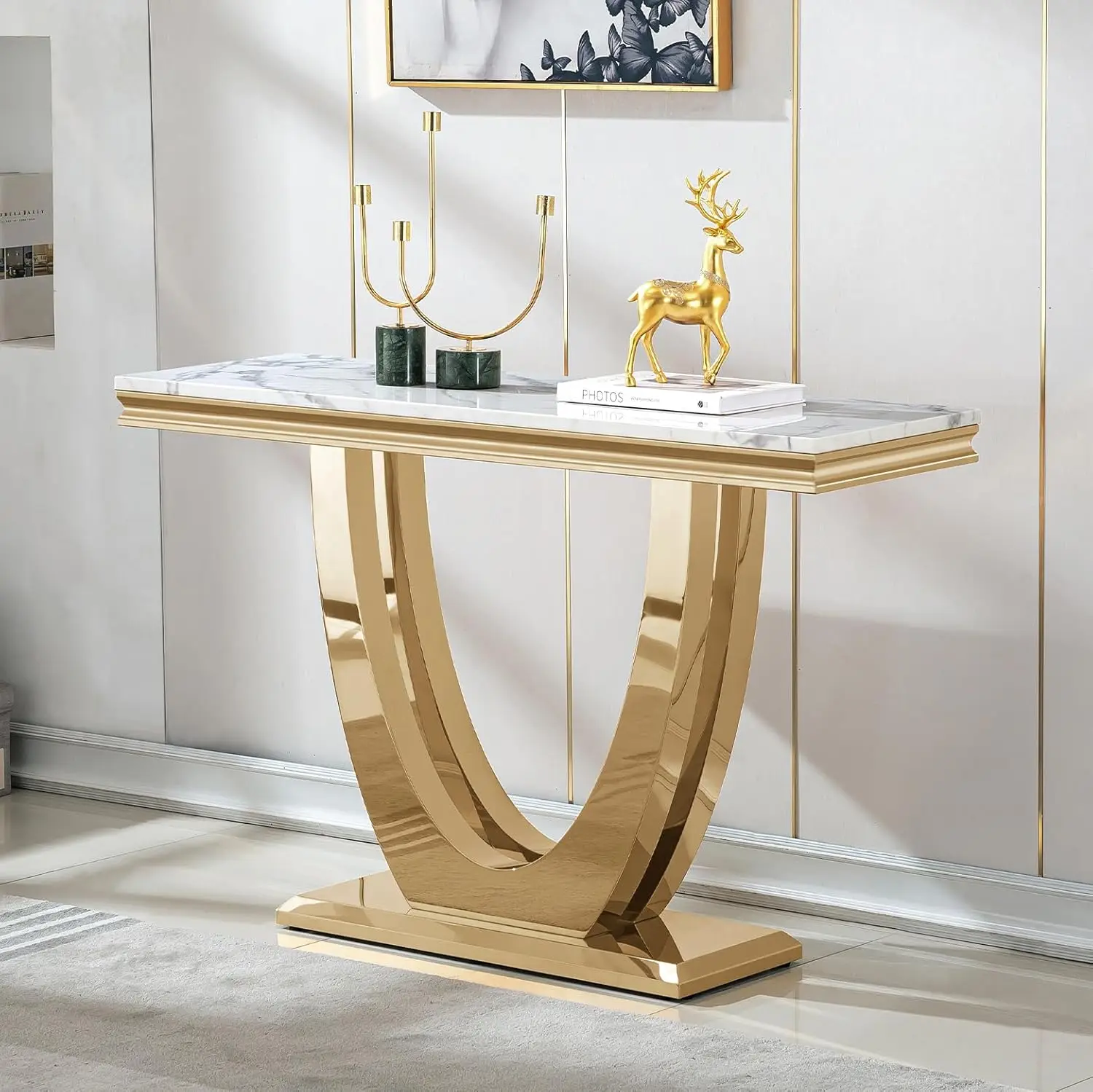 

47"" Marble Console Table Modern White Faux Marble Entryway Table With U-Shape Gold Mirrored Stainl Steel Base Luxury Accent