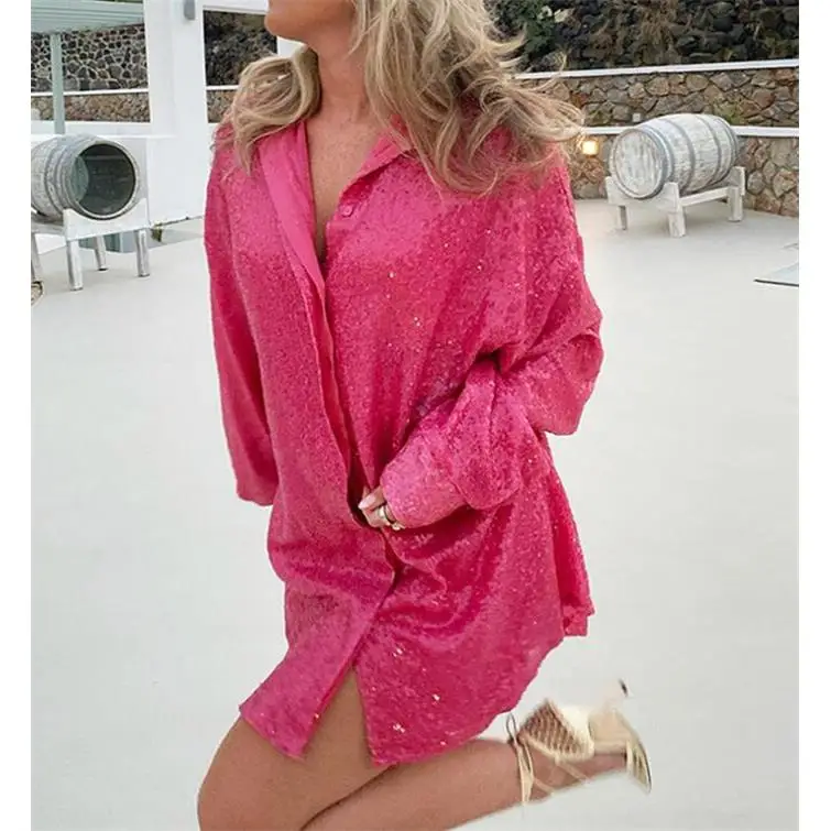 

Women's Sequined Lapel Long Sve irt Dr Ele Glittering Top Casual Faion Winter Outfit Fem Clothing
