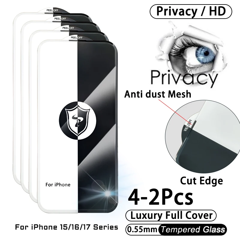 

Cut Edge Anti Dust Mesh 0.5mm Privacy Screen Protector For iPhone 17 15 16 Pro Max 17 Tempered Glass Air Plus Luxury Full Cover