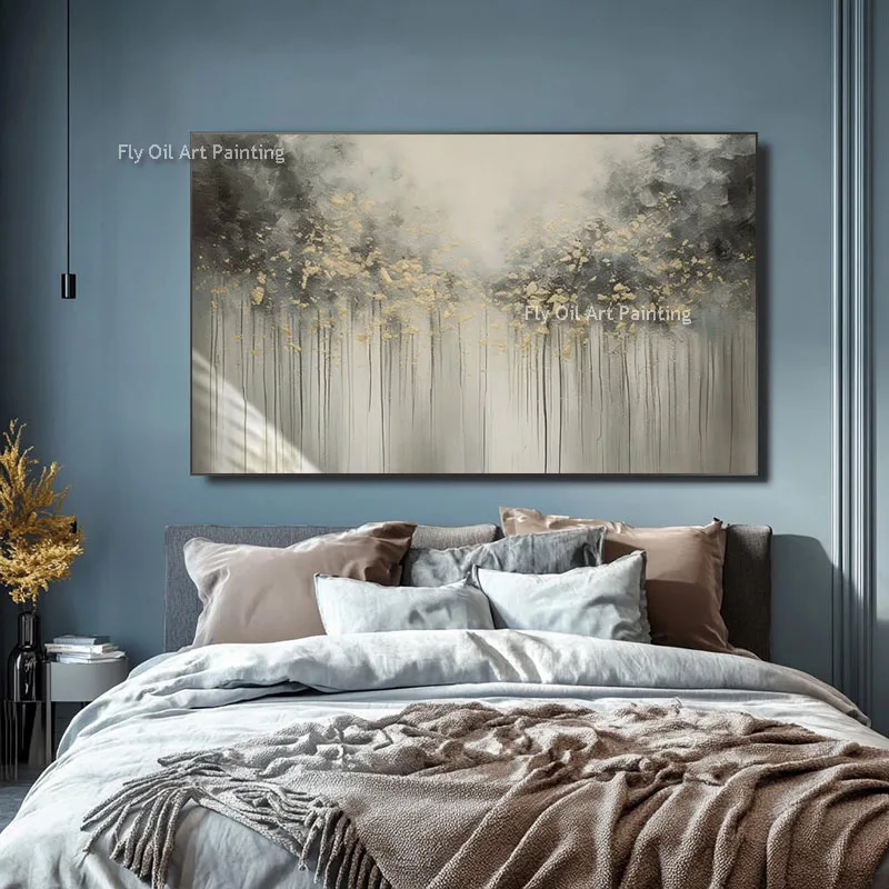 Horizontal Impasto Canvas, Hand Painted Golden Forest, Thick Palette Knife Tree Landscape Oil Painting