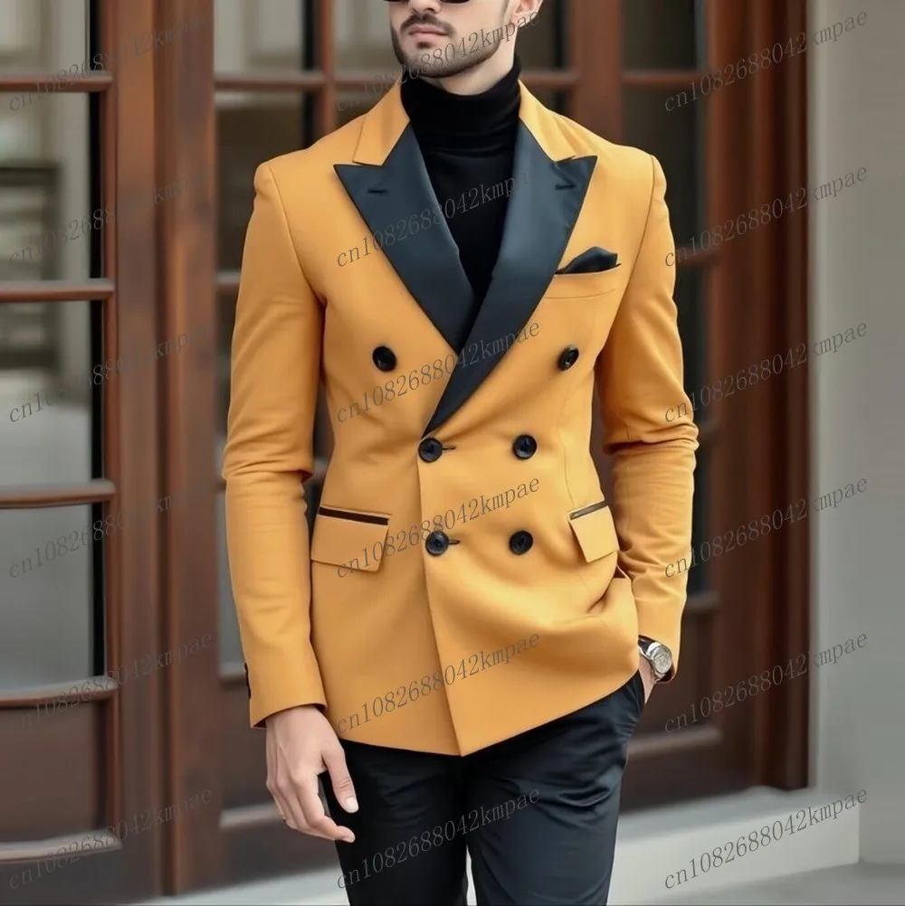 

New Yellow And Black Men Formal Tuxedos Groom Groomsman Wedding Party Prom Male Business Suit 2 Piece Set Blazer Pants