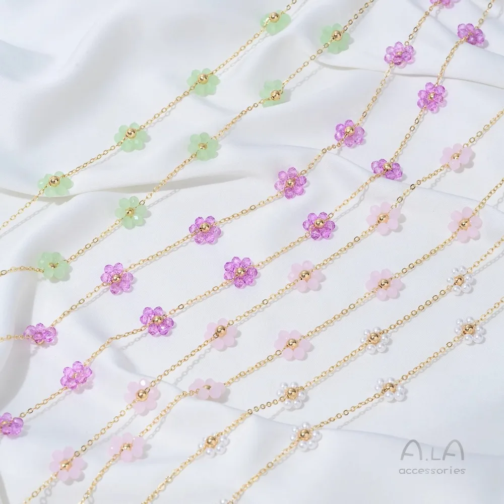 

Цепочка «сделай сам», 14-каратное золото, жемчужно-фиолетовый, розовый, зеленый, хрустальный цветок, свободная цепочка, ожерелье ручной работы, браслет, аксессуары