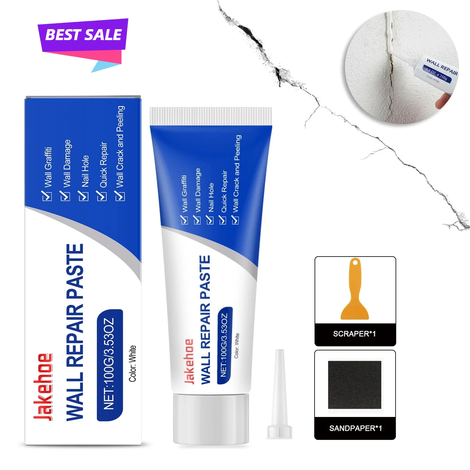 Drywall Repair Kit with Scraper, 100g Quick-Drying Wall Filler Paste, Mold Resistant Sealant for Cracks Holes Stains Home Tool