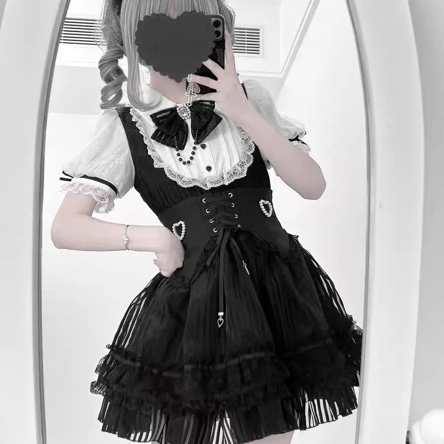 

Original Japanese Ryousangata Kawaii Short Sleeve Dress 2 Piece Set Women Striped Lace Bowknot Sweet Moe Sweet Lolita Outfits