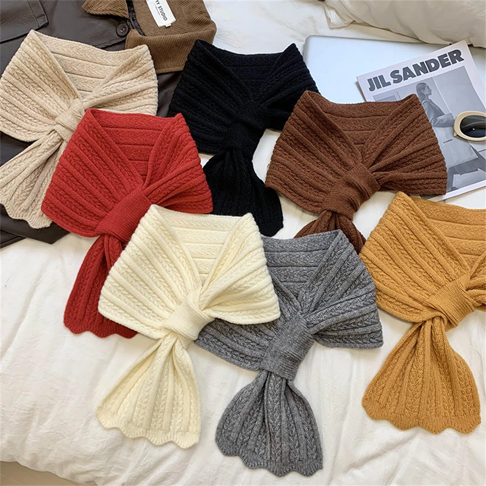 Vintage Crossed Twisted Wool Knitted Warm Scarf New Korean Version Solid Color Muffler Women's Winter Thickened Fashion Scarves