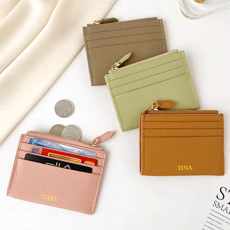 Luxury Design Zipper Card Wallet Custom Initials Genuine Leather Coin Purse For Woman Fashion Portable Mini Card Holder Gift