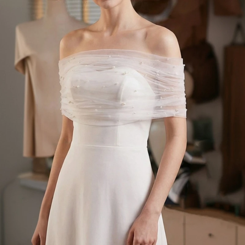 Women Pearl Beaded Tulle Off‑Shoulder Shrug Short Mesh Wedding Shawl Bridal Bolero Cover‑Up for Evening Party Dress Accessory