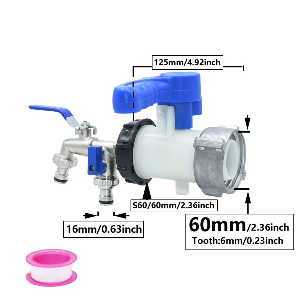 1000L IBC Water Tank Faucet Adapter S60 to 16mm Nipple Hose Connector Tap Valve Outdoors Valve Watering Pipe Fitting