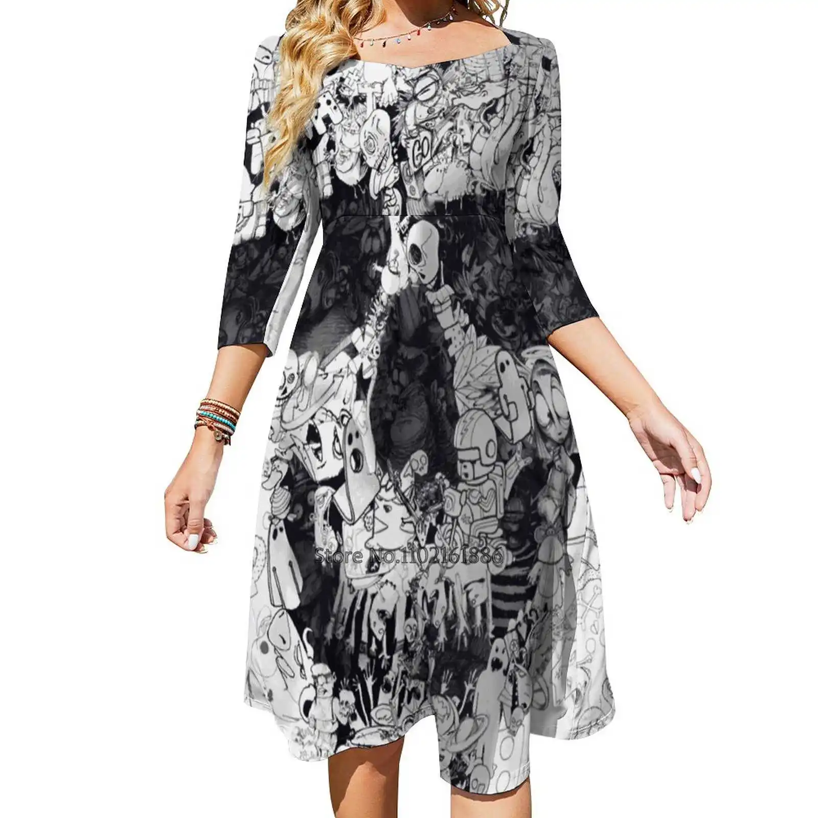 Doodle Skull Back Lacing Backless Dress Square Neck Dress Sweet Elegant Dress Skull Doodle Collage Ali Gulec Black White