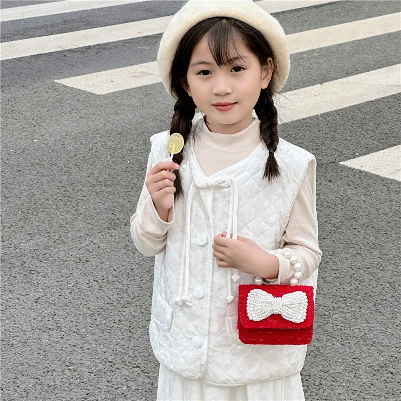 Fashion Design Square Mini Children\'s Shoulder Bag Sweet Bow Flower Girl Messenger Bags Luxury Pearl Handle Kid Change Purse