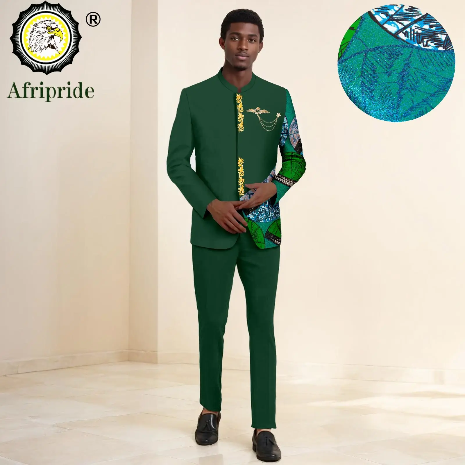 Men`s Suit Slim Fit Brooch Embroidery Blazer and Pants 2 Piece Set Print Outfits African Clothes for Wedding Evening 2516004