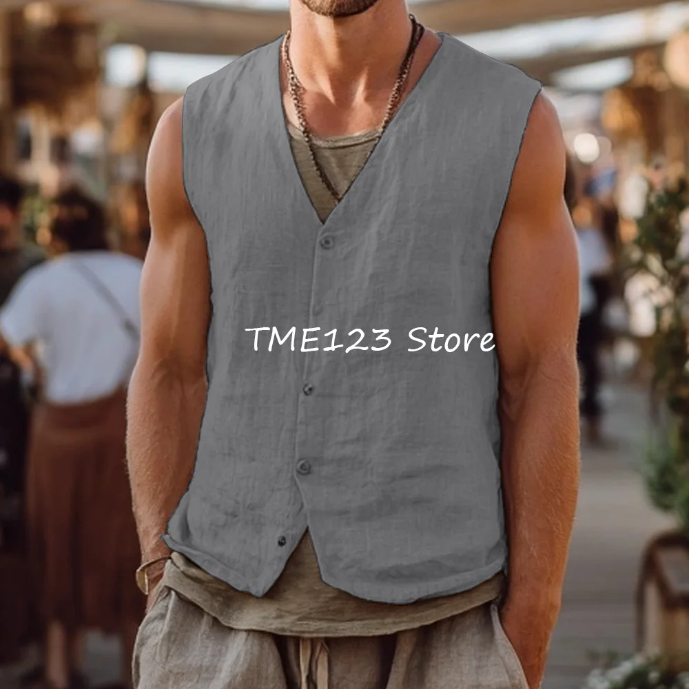 NONE Dünne Arbeitsweste Veston V-Ausschnitt Gilet Männer Leinen Mode Anzug Einreiher Westen Mann Casual Weste für Mann Anzüge Blazer 7