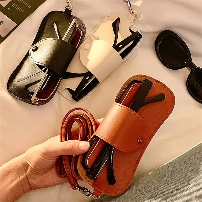 Fashionable PU Leather Eyeglass Case, Durable PU Glasses Pouch with Neck Strap Eye Glasses Sunglasses Case image 3