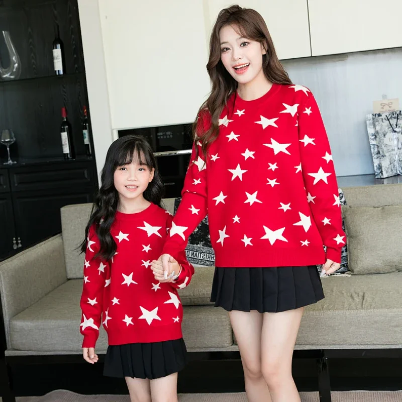 Christmas Sweater for The Whole Family Five-pointed Star Print Knit Tops Mom and Daughter Matching Knitwear Dad and Son Jumper