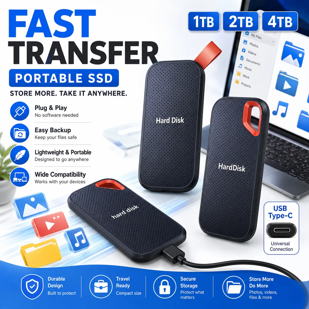 Fast External Hard Drive 1TB Portable SSD USB 3.0 Type-C High Speed Mobile Storage for Laptop Mac PC Phone Compact Durable