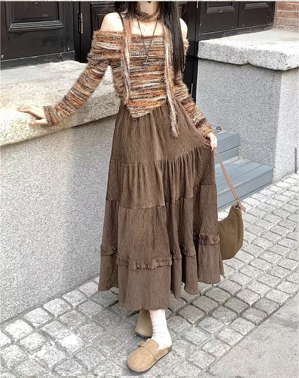 Vestido en capas para mujer para otoño e invierno, vestido retro de pana de longitud media con pastel, vestido suelto de cintura alta