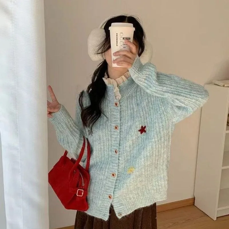 

Elegant Lace Ruffles Stand-up Collar Women's Sweaters Autumn Winter Fashion Star Embroidery Loose Single Breast Knitted Cardigan