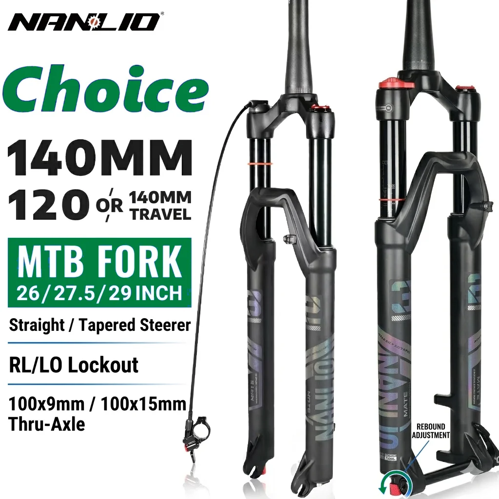 

NANLIO MTB Air Suspension Fork Rebound Adjustment 26/27.5/29Inch Mountain Bike Fork Straight/Tapered Tube 120 140mm Travel RL/LO
