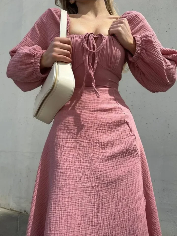 Elegant Solid Color Slim Dresses Women Sexy Square Collar Low Cut Leace-up Long Sleeve A-line Slit Dress Female New Vestidos