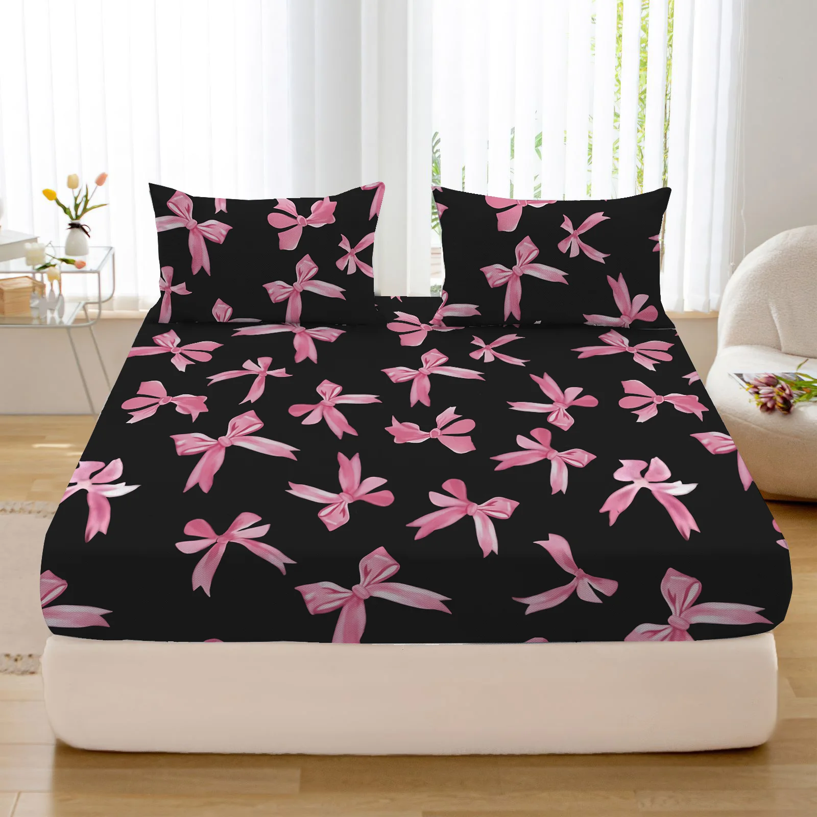 4pcs Sweet & Cool Black Pink Bow Bed Sheet Set (1 Fitted Sheet + 1 Flat Sheet + 2 Pillowcases, No Pillow Inserts)
