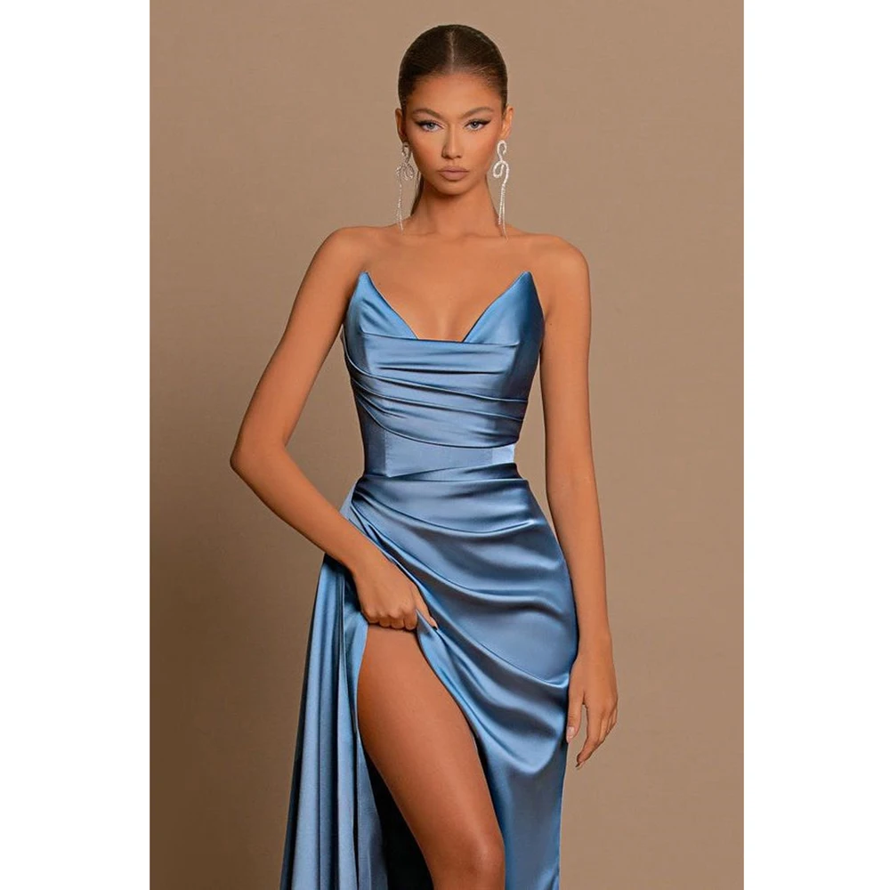 Elegant Blue Satin Evening Dresses For Women 2023 Strapless High Split Ruched Bust Waist Pleat Formal Party Prom Gowns Vestidos