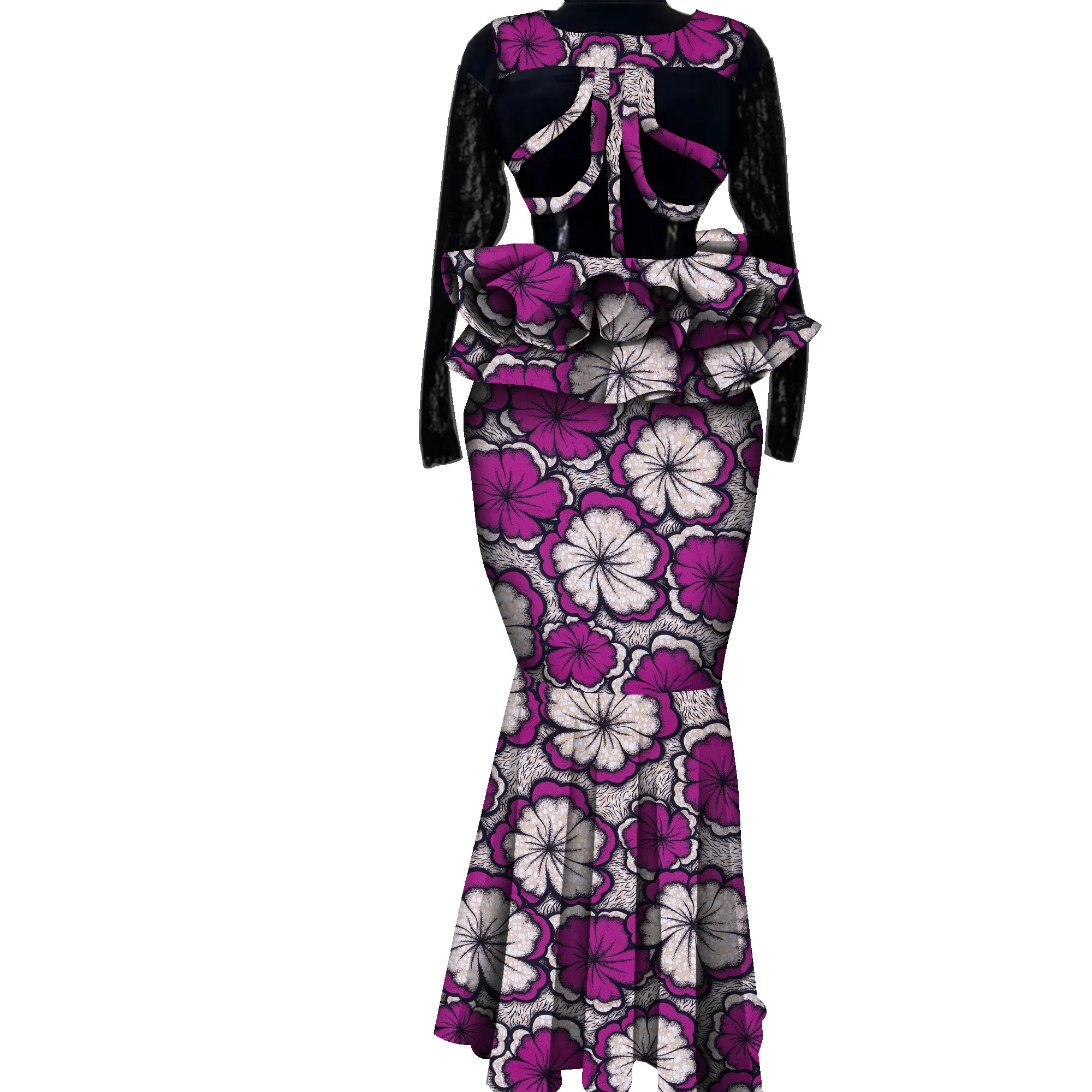 2 Pcs Skirt Set Women African Print Clothing Patchwork Tops and Skirt Set Yarn Long Sleeve Wedding Party Clothing KG1324