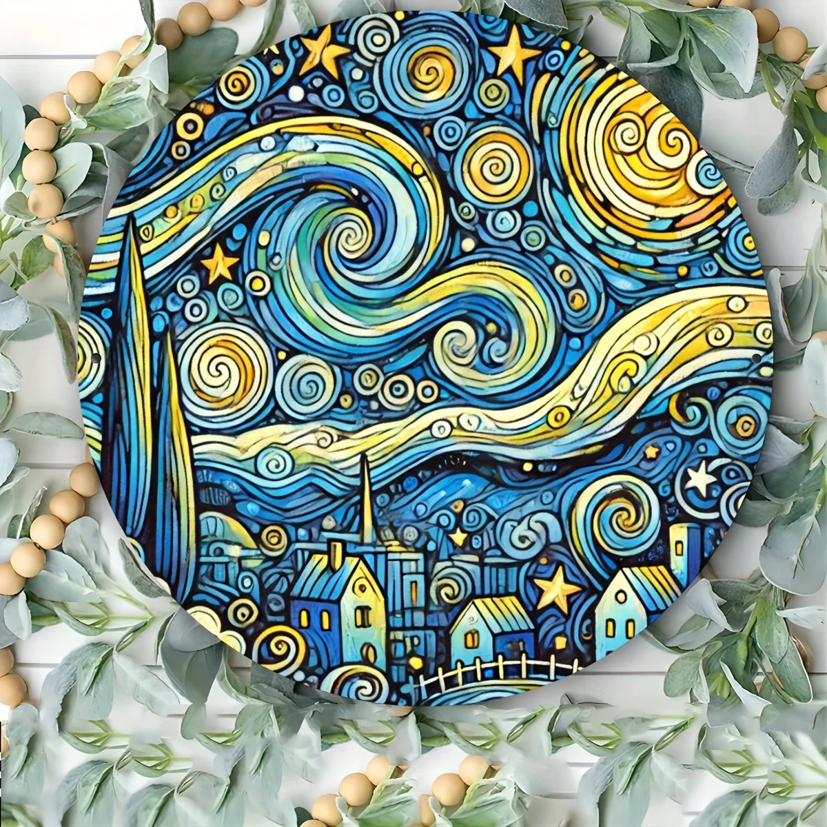 1 Stück Sternennacht Eisen Wandkunst, 20,3 x 20,3 cm rundes Metallschild, von Van Gogh inspirierte dekorative Schild für Zuhause, Bar, Café – kein elektrisch