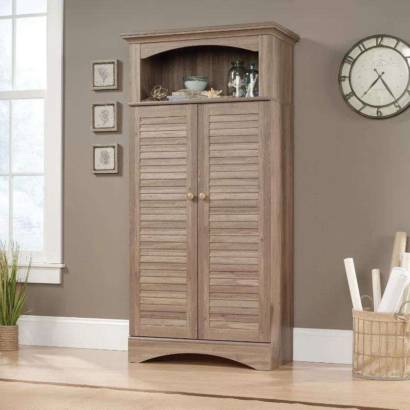 Harbor View Storage Cabinet/ Pantry Cabinet Salt Oak Finish Open Storage Features Full Upper Shelf for Your Favorite Home Décor