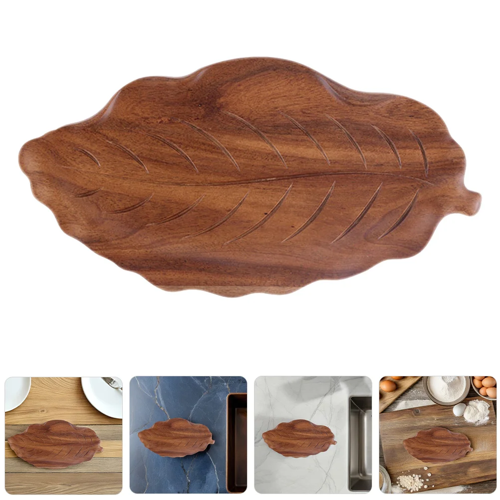 

Solid Wood Leaf Shaped Tray Natural Grain Texture Food Serving Platter Snack Dessert Fruit Pizza Bread Display for Home
