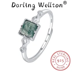 Fashion Natural Stone Texture Uniform Small Sugar Cube Green Moss Square Couple Ring For Women s925 Silver Wedding Gift Jewelry