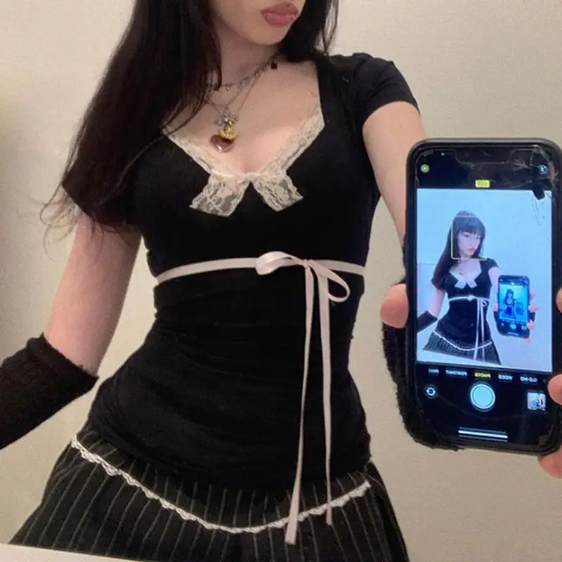 Y2k doux dentelle Patchwork pansement nœud T-shirt femmes été coupe ajustée taille épicée filles haut court japonais Lolita Chic t-shirts