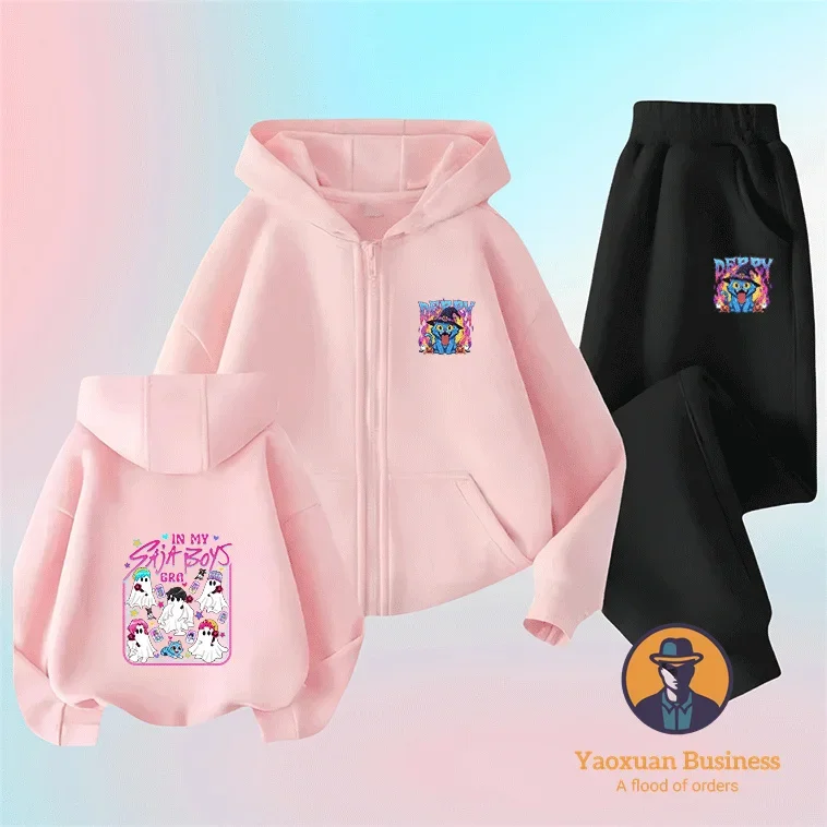 

Stylish KPop Demon Hunters Little Girls Kids Boys Zip Up Hoodie Set Cute Cartoon Printed Windproof Warm Autumn Winter New