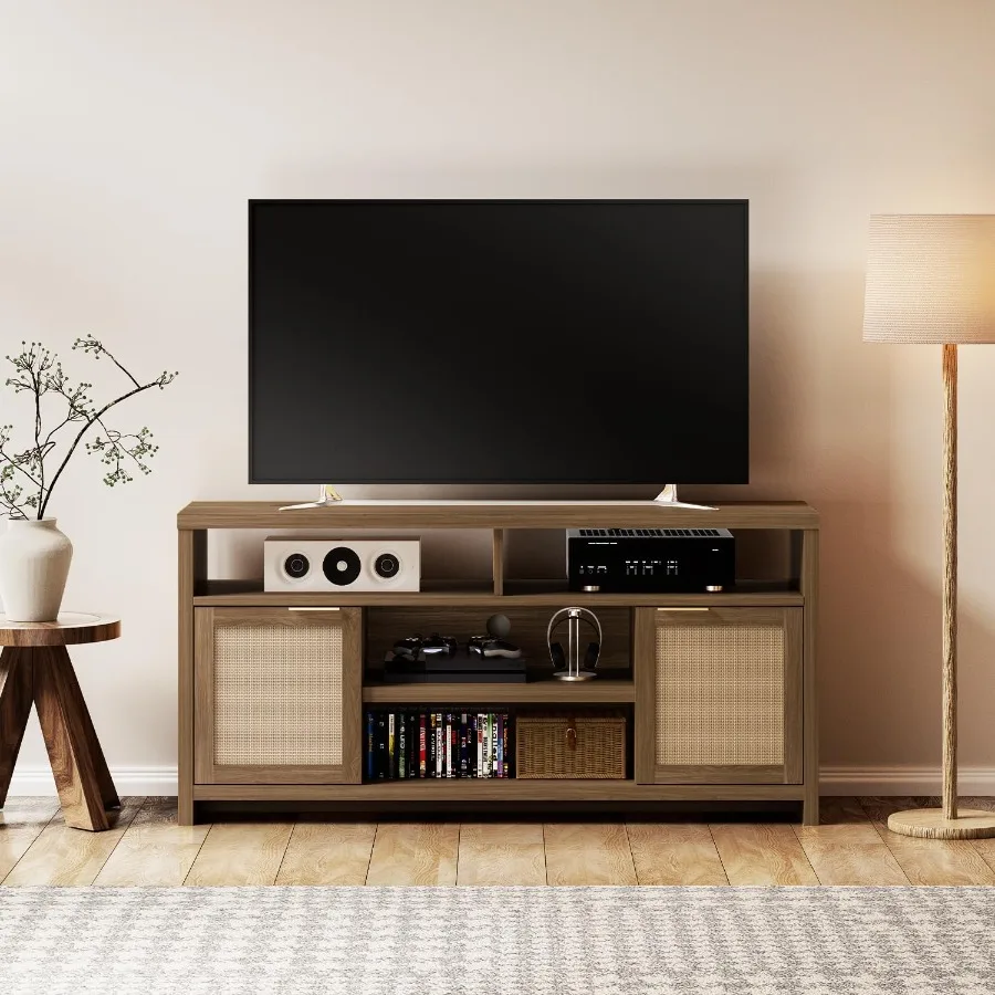 

Высокая подставка под телевизор из ротанга для телевизоров с диагональю до 65 дюймов. Развлекательный центр со шкафами для хранения и медиаконсолью с открытой полкой для жизни.