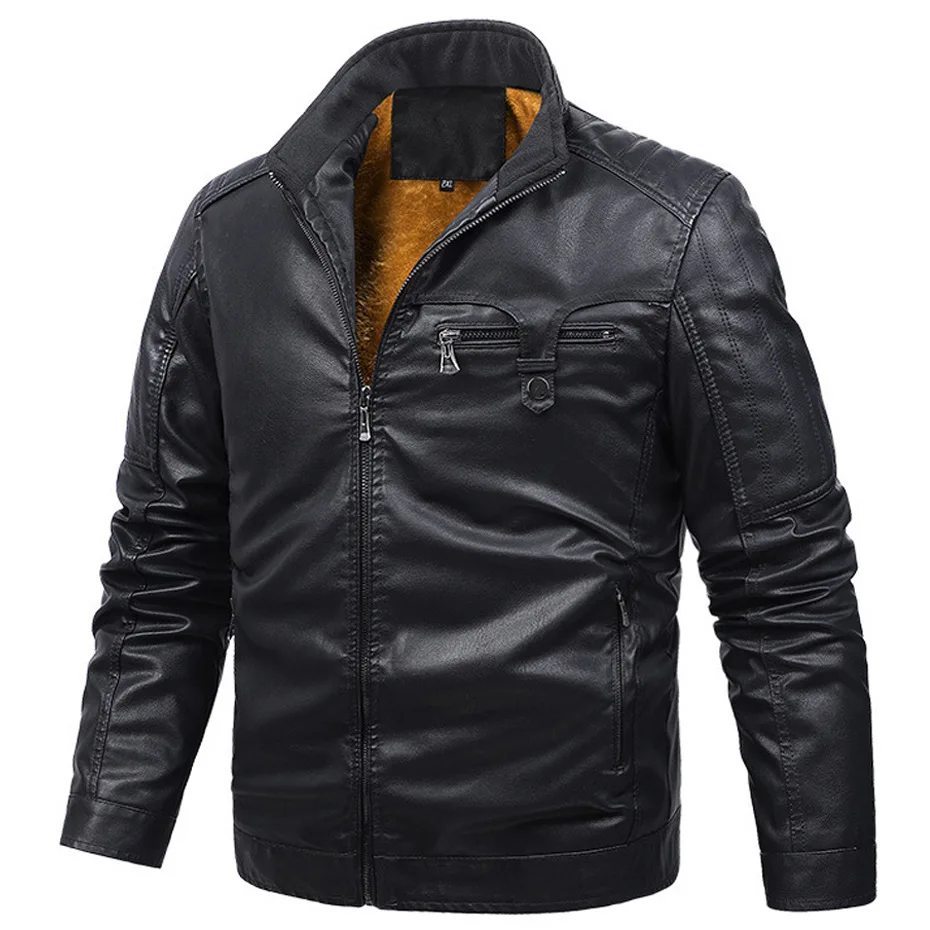 

Winter Fleece PU Jacket Men Motorcycle Biker Coat Plus Szie 6XL Fashion Casual Stand Collar Jacket Male PU Coat Black