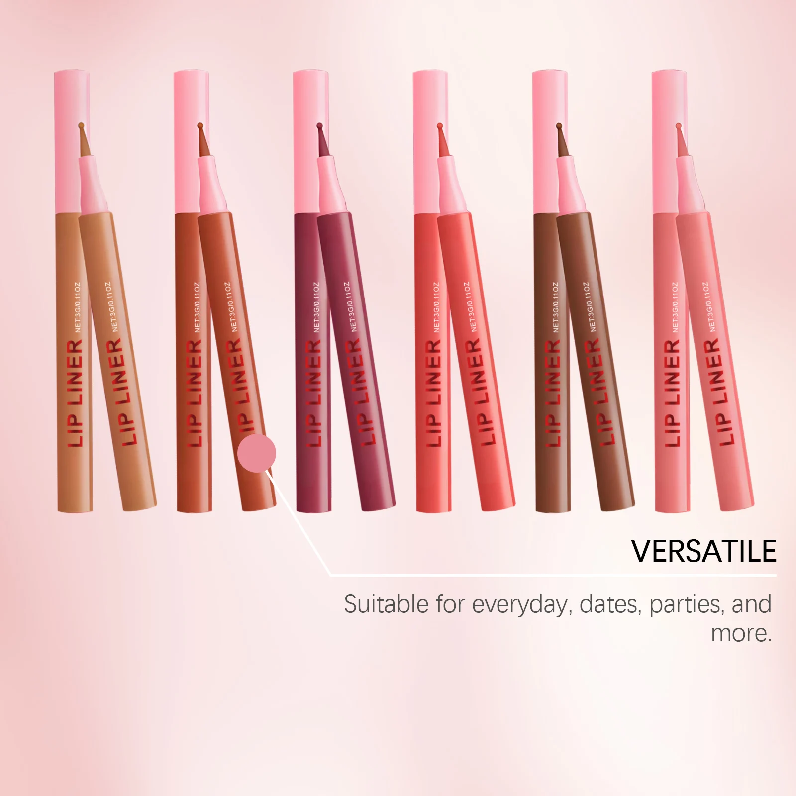 ดินสอเขียนขอบปากกันน้ำ 6 สี ติดทนนาน ไม่เลอะง่าย ใช้งานง่าย เหมาะสำหรับการแต่งหน้าในชีวิตประจำวัน เขียนขอบปากได้อย่างเรียบเนียน น้ำหนัก 3 กรัม