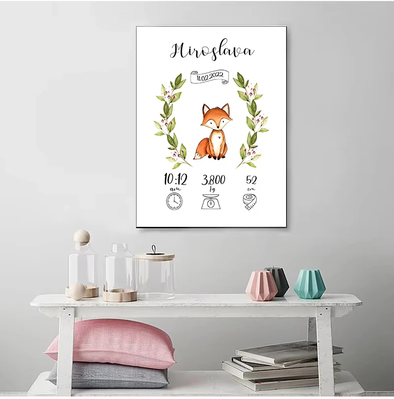 Personalized Custom Baby Birth Name Poster Baby Shower Gifts Cartoon Animal Wall Art Canvas Painting New-born Kids Room Decor
