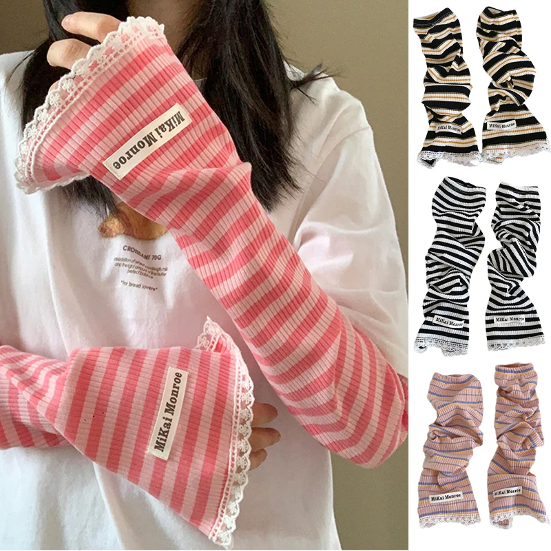 Striped Lace Long Sun-Protective Sleeve Women Girl Thin Loose Ice Sleeves Summer Uv Blocking Sunshade Gloves Cycling Oversleeve