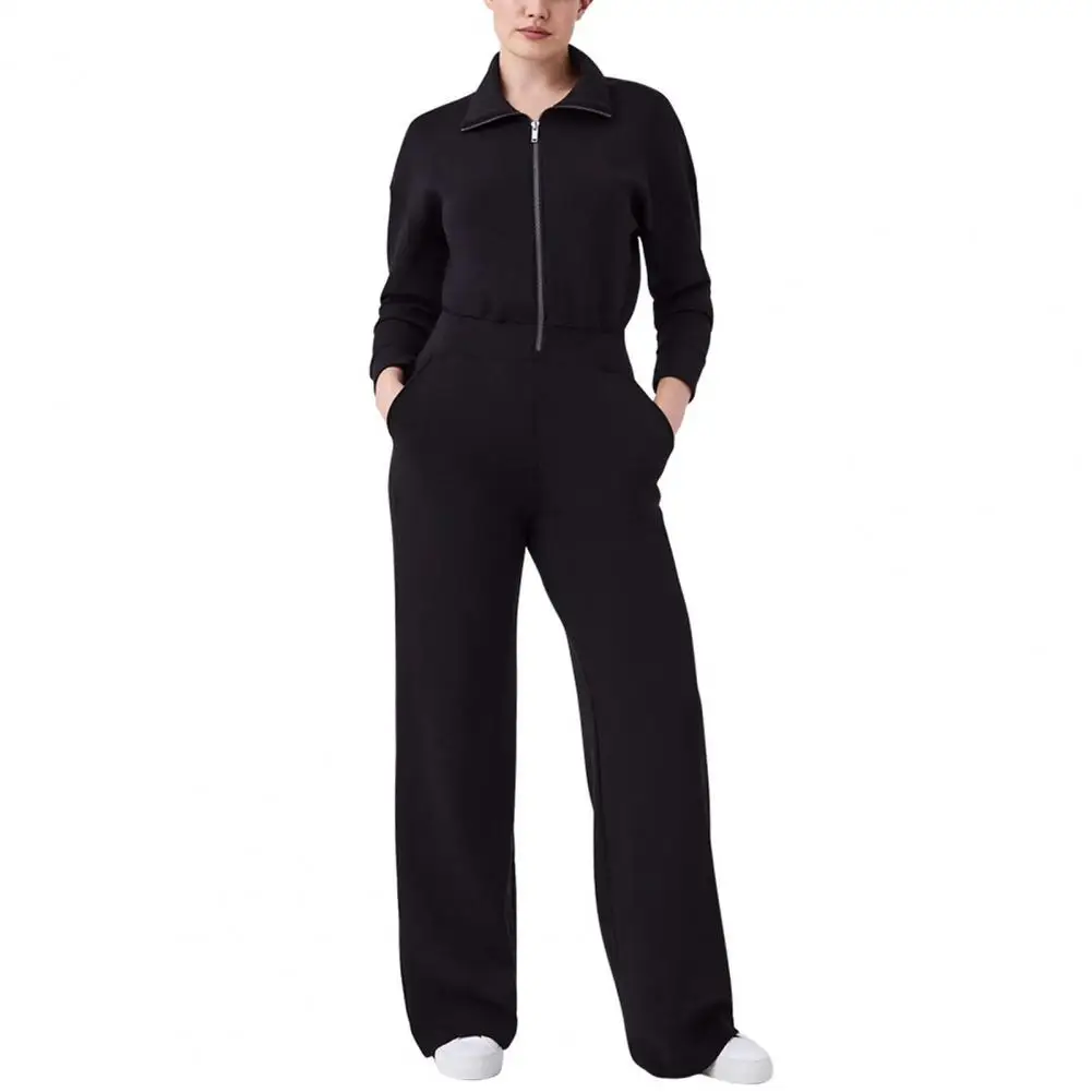 Wide Leg Jumpsuit Cozy Solid Color Women's Winter Jumpsuit with Wide Leg Pockets Warm Lapel Zipper Closure Ninth Sleeve for Fall