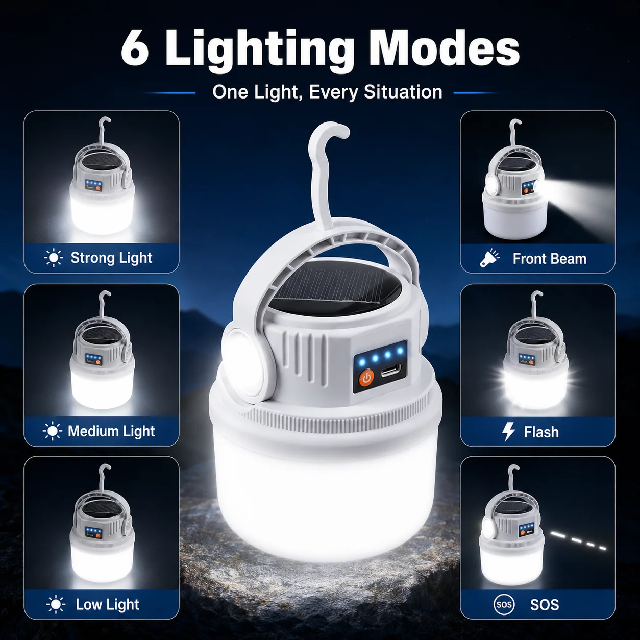 Lampe camping solaire LED rechargeable USB, double charge, étanche, lampe tente, torche LED portable avec crochet suspension LED