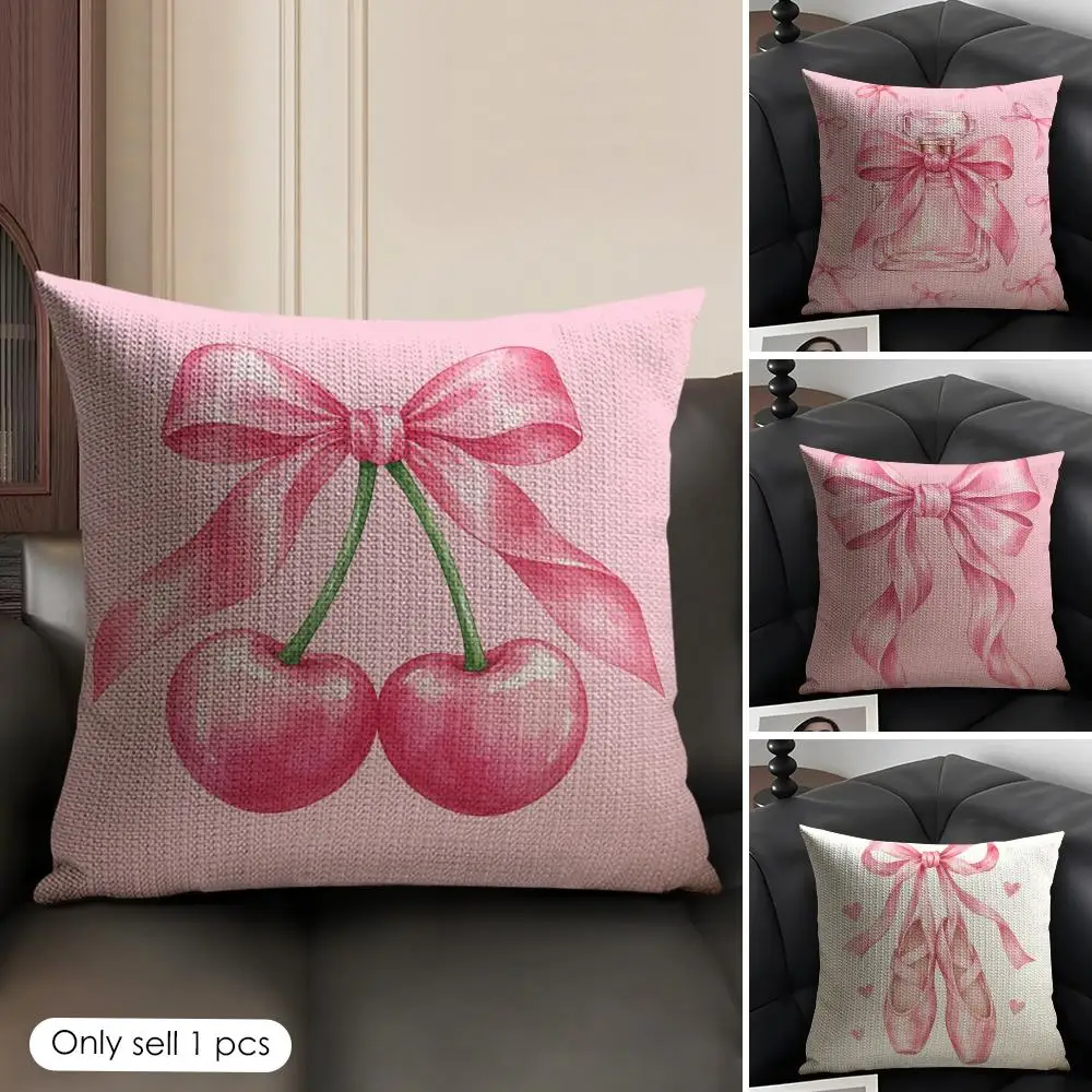 Pink Bow Cherry Pattern Cushion Cover Skin-Friendly Organic Linen Pillow Cover Durable Hypoallergenic Washable Soft