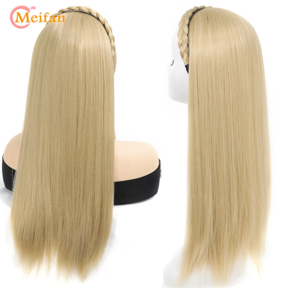 MEIFAN Synthetic Long Straight Half Wig With Headband Clip in Hair Extension Blonde Brown Fluffy Fake Hairpiece With Hairband