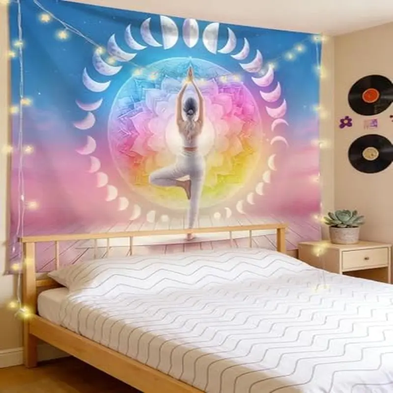VIKAMA Seven Chakra Yoga Moon Phase Wall Tapestry Blue Pink Gradient Lotus Tree Pose Lunar Cycle Meditation Zen Bedroom Living